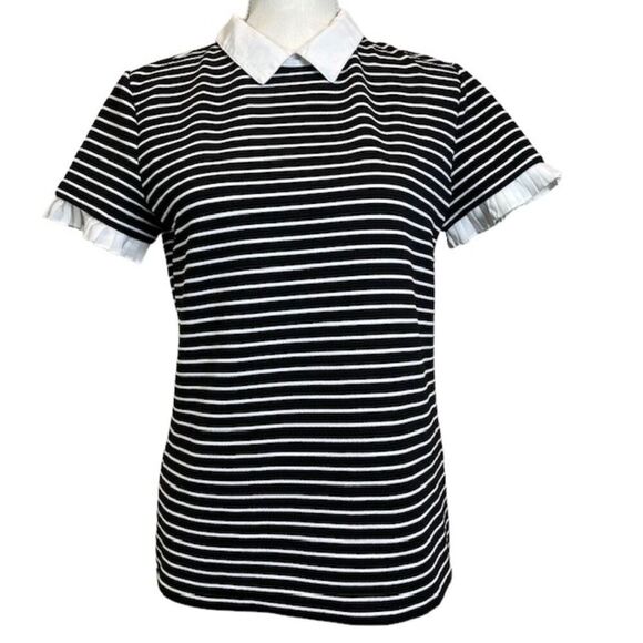 Karl Lagerfeld Collared Short Sleeve Blouse Pleated Sleeves Black White Size S - Picture 1 of 10
